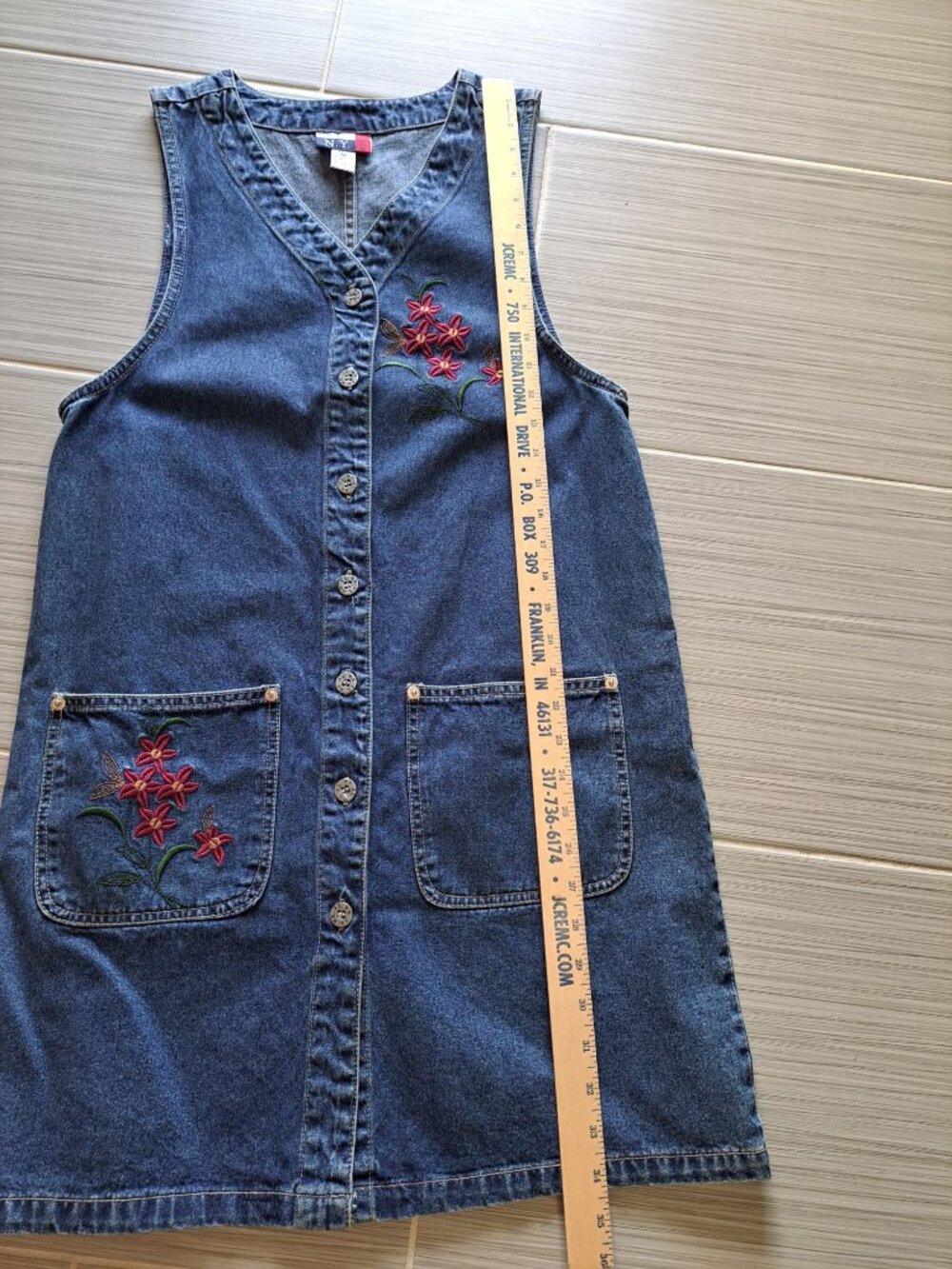 Vtg Denim Embroidered Dress Floral Button-Up Sleeveless Pockets S Cotton Teacher - Picture 9 of 10
